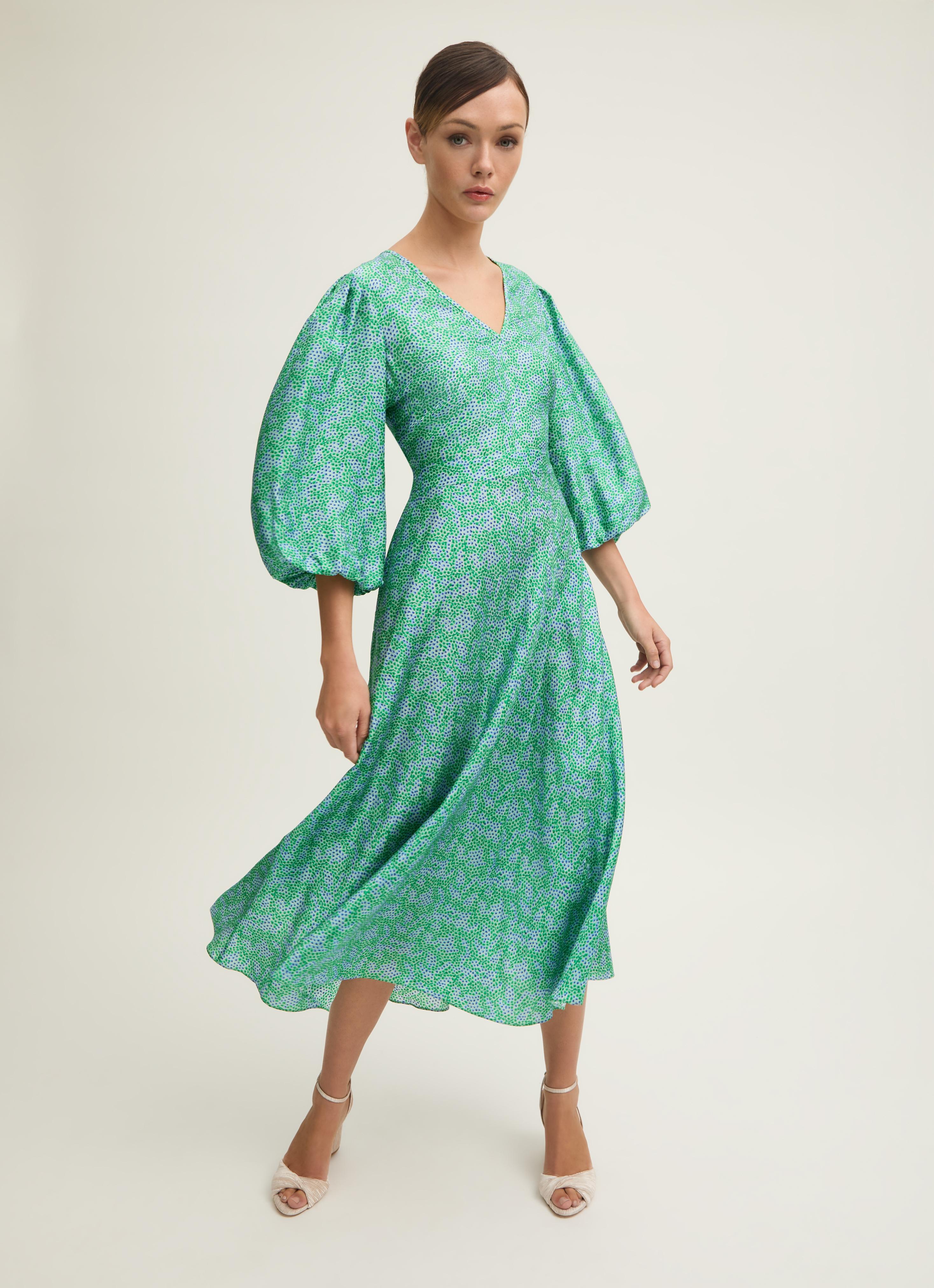 Lola Birch & Green Blossom Print Jacquard Dress With Statement